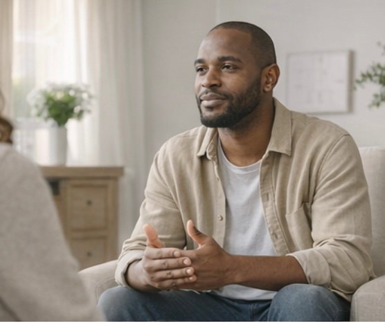 Pessoa em conversa reflexiva durante processo de autoconhecimento emocional